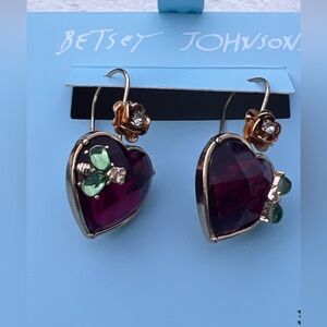 Betsey Johnson Gold Tone Pink Heart /flower /bee Drop Earrings Crystal NWT
